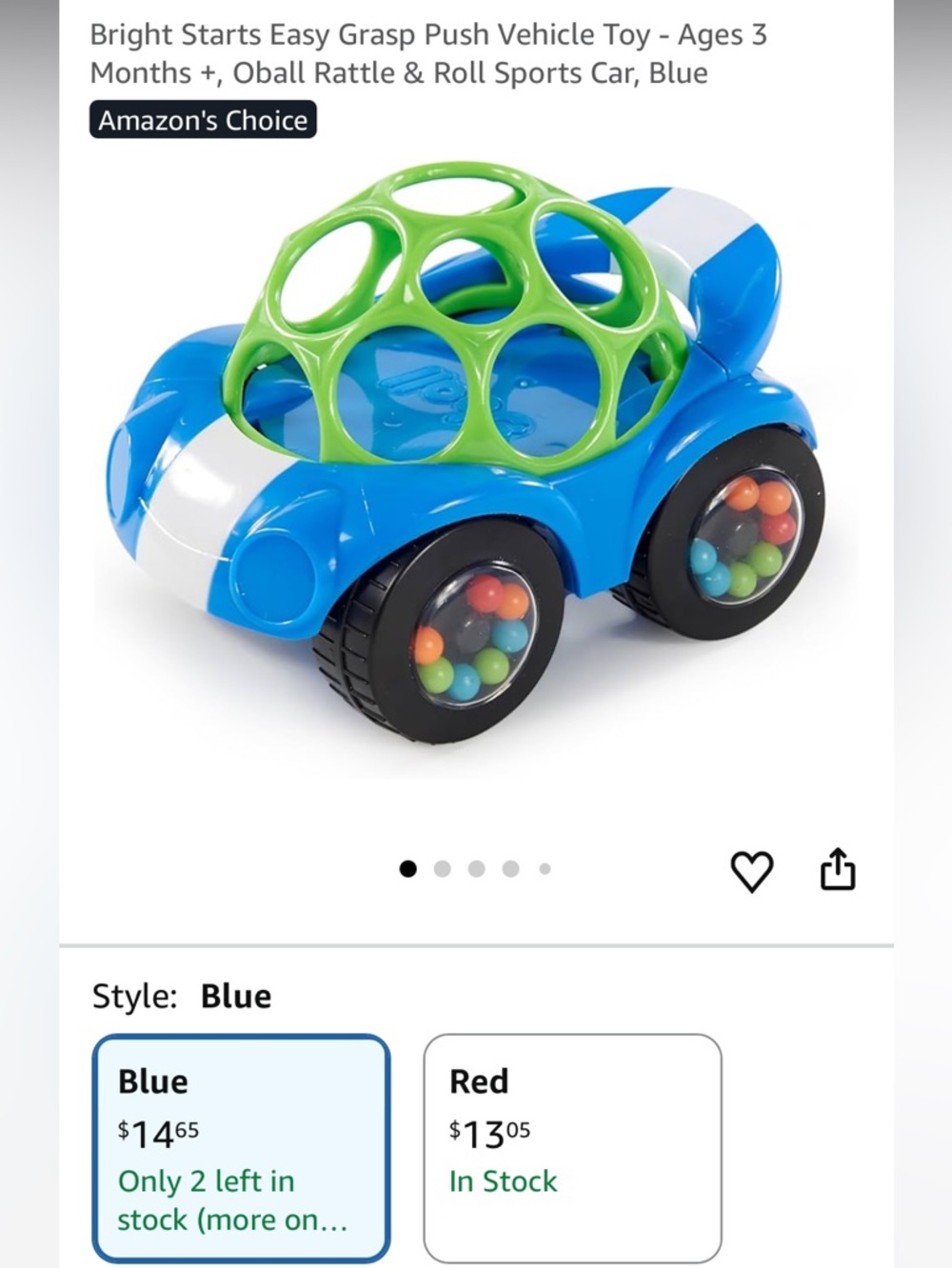 Bright Starts Oball Rattle & Roll Blue Car